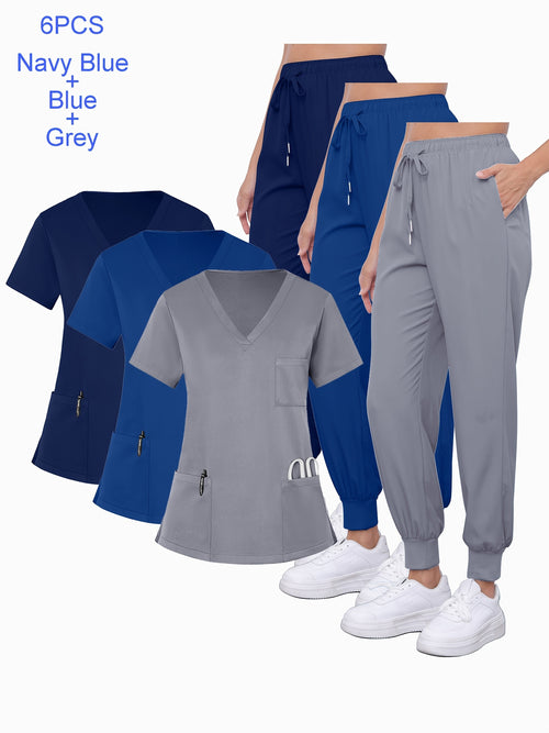 6pcs Set of Women'S V-Neck Matte Breathable Uniform Pocket Hand Washing Work Clothes Brush Hand Clothes Tying Feet Pants Set