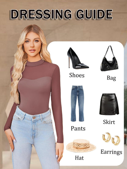 Sexy Mock Turtle Neck Sheer Mesh Long Sleeve Bodysuit Shirts Ruched Body Suit Leotard Tops
