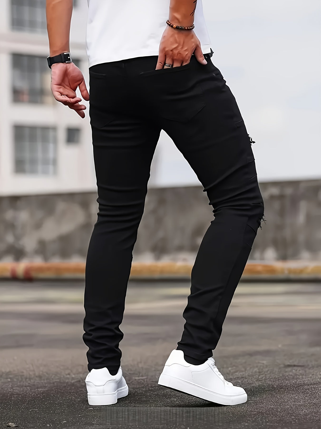 [HME] Men'S Casual Jeans, Fashionable Perforated Patch Style, Three-Dimensional Cut And Patchwork Design, Mid-Waist Elastic Slimming Skinny Pants, Suitable for All Seasons, Essential for Daily Casual Wear Men'S Denim Long Pants