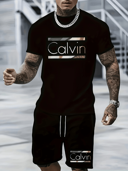 A Black Short-Sleeved T-Shirt for Men Paired with Black Shorts, Both Featuring The Word "Calvin". The Design Is Easy Yet Enhanced with Tattoos, Embodying a Fashionable Street Style