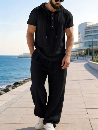 Men'S Casual Linen Hooded 2pcs Set, Short Sleeve Drawstring Henley Shirt And Wide Leg Pants, Breathable Non-Stretch Fabric, Loose Fit for Vacation, Home And Outdoor, Multi-Color Options