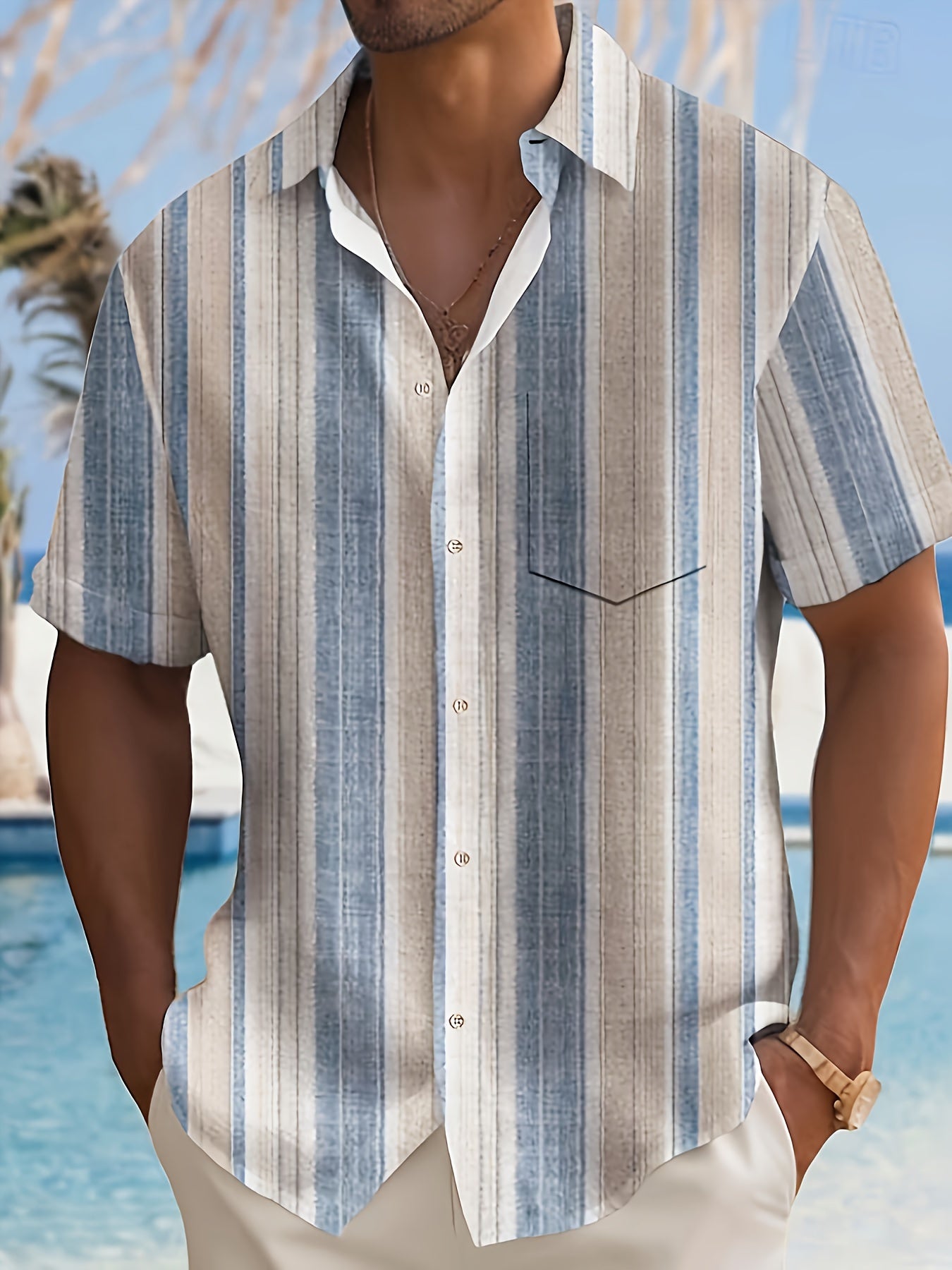 1pc Men'S Casual Striped Short Sleeve Shirt - Polyester 95%, Spandex 5% Blend, Summer Lapel Collar, Woven Fabric, Regular Fit with Button Details, Plus Size