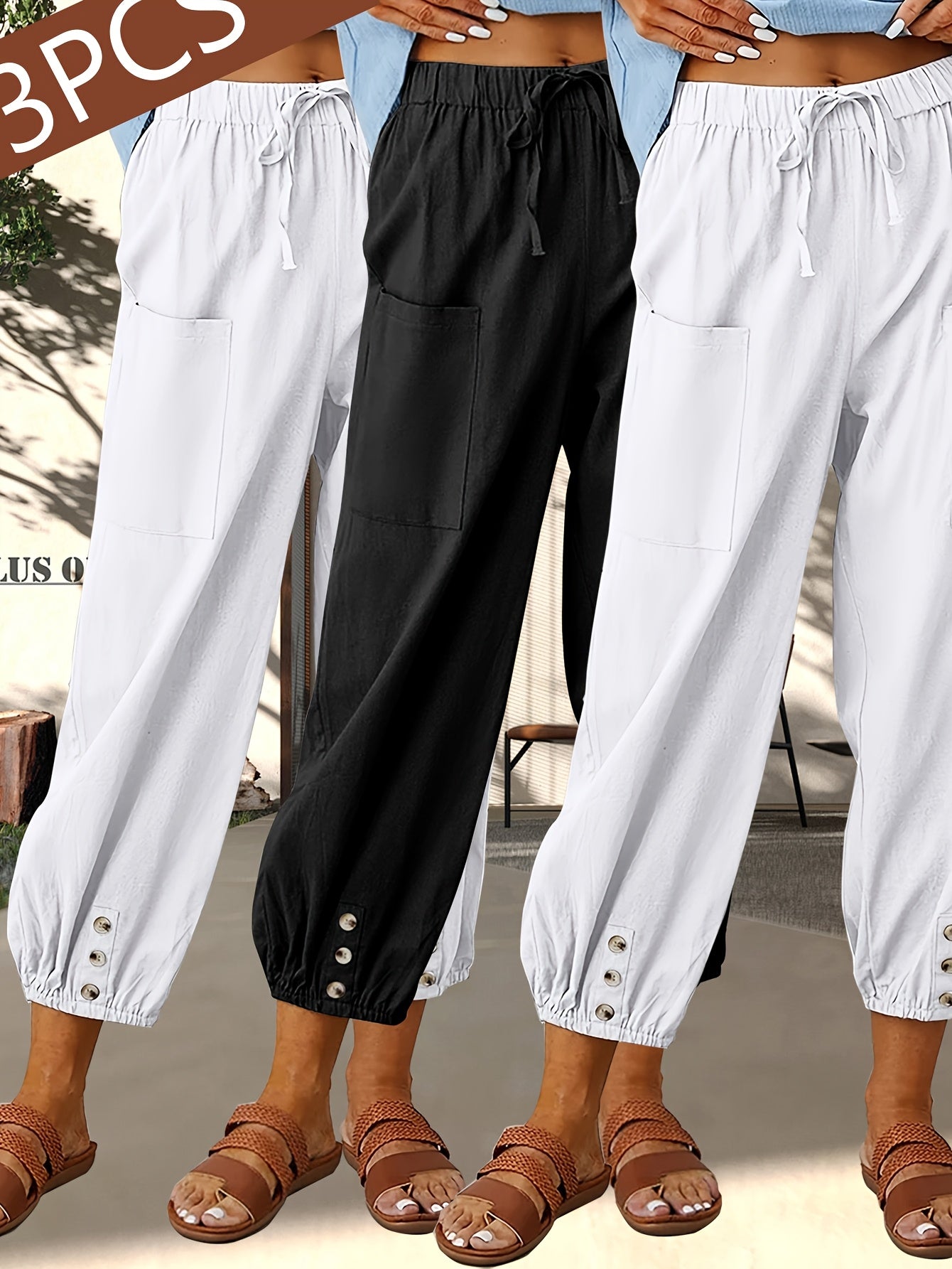 3-Pack Women'S Loose Casual Pants, Solid Color Linen Blend Wide-Leg Trousers With Pockets, For Daily Commute & Casual Wear