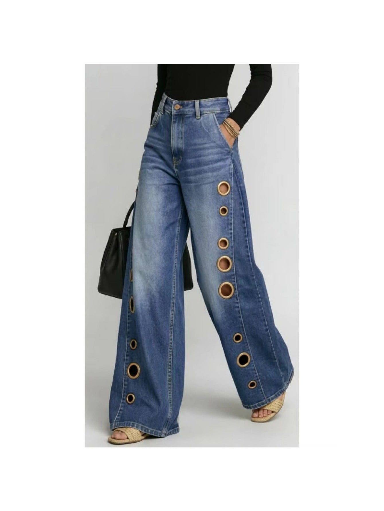 [Casual High-Waisted Jeans] New Women's Jeans 2026 with Metallic Eye Design - Casual Loose High-Waisted Wide Pants for Women