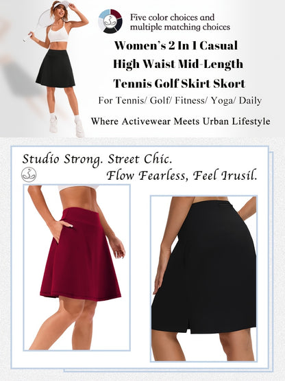 20-Inch Knee-Length Skorts for Women Featuring Five Pockets, High-Waisted Design, Suitable for Tennis And Golf, Long Athletic Skirt with Built-In Shorts