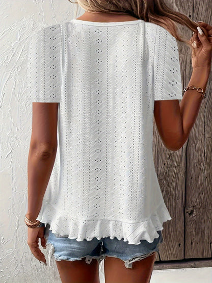 Women's Elegant Short Sleeve T-Shirt - Breathable Jacquard Fabric with Ruffled Edges, Semi-Sheer Solid Color Top for Spring Summer Fall, Machine Washable Casual & Dressy Blouse