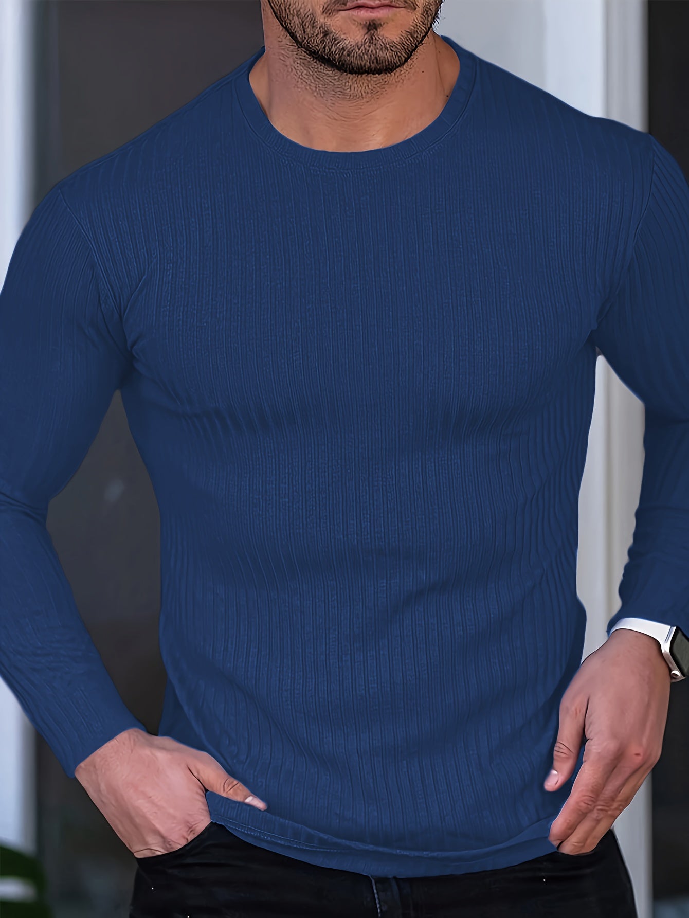 5pcs Men's Ribbed Long Sleeved T-shirt - Round Neck Casual Top Sports Shirt, High Elasticity, Spring And Autumn Regular Style, Daily Clothing, Elegant And Simple Style, Comfortable Fabric, Suitable for Outdoor Men's Gym, Running And Casual Wear