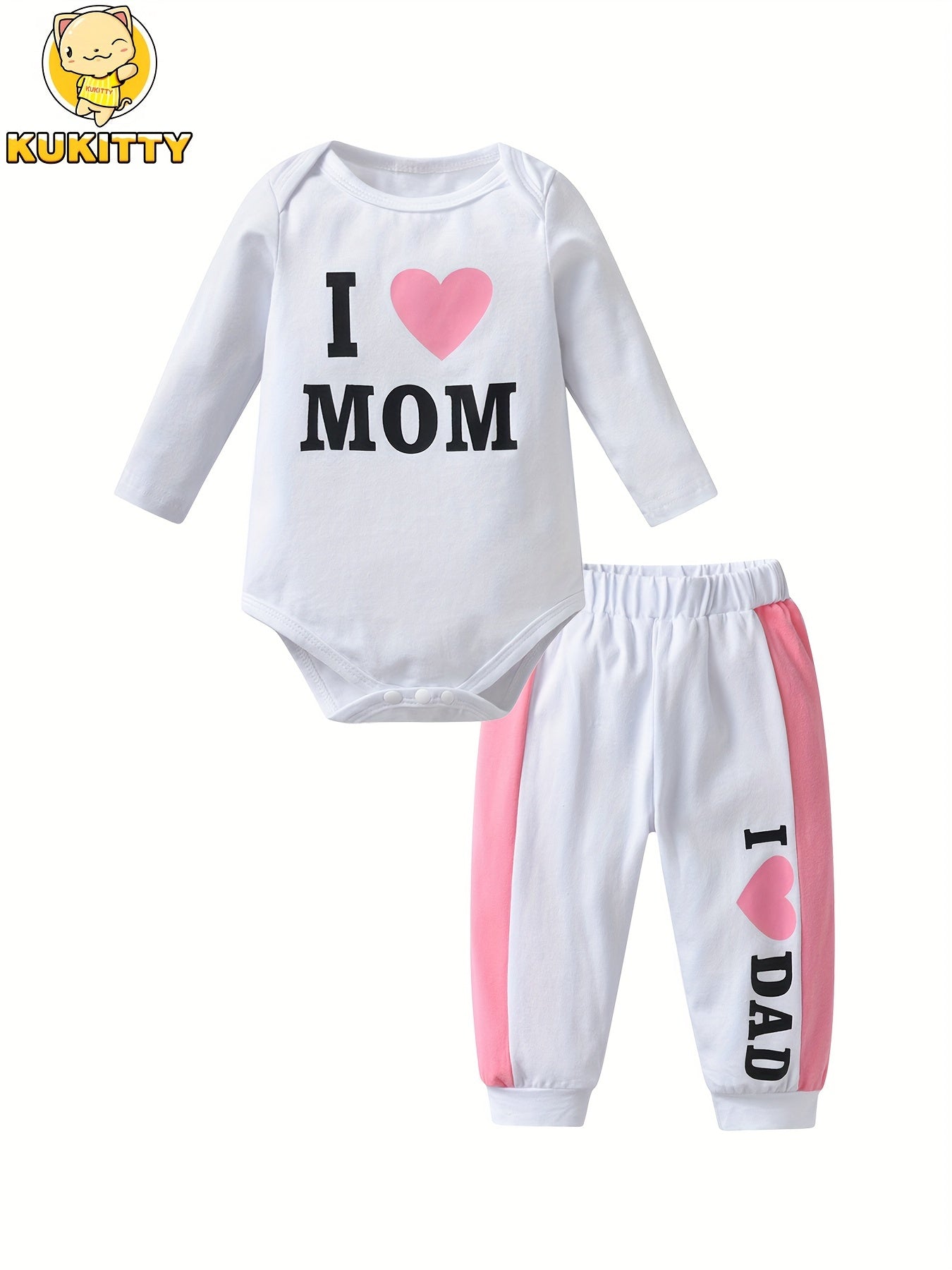 KuKitty Newborn Baby Girl Clothes Infant Girls 2pcs Outfit Set I Love Dad/Mom Print Bodysuit Tops And Pants, Perfect for Outdoor