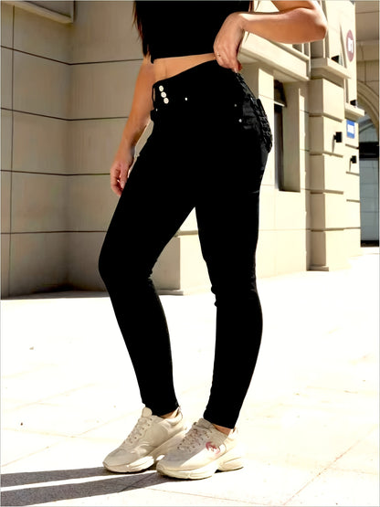 Classic Black High Waist Skinny Jeans | Front Button, Elastic, Slim Fit, Hip Lifting, Fashionable and Tight Fitting Women'S Jeans with Pocket Craftsmanship