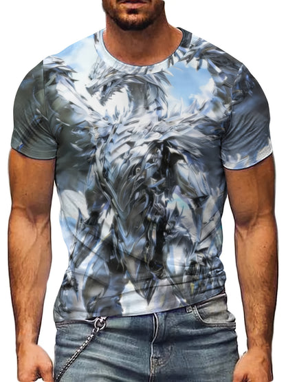 Wuwei Mechanical Blue Dragon 3D Pattern Printed Men's Graphic T-Shirt Comfort T-Shirt, Short Sleeve Pullover, Men's Summer Outdoor Clothing