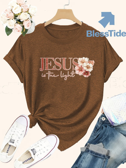 Jesus Floral Cross Double-Sided Print T-shirt - Stylish Faith-Inspired Design for Casual Wear, Perfect for Christian Women, Trendy and Comfortable -blend T-shirt with Double-sided Print