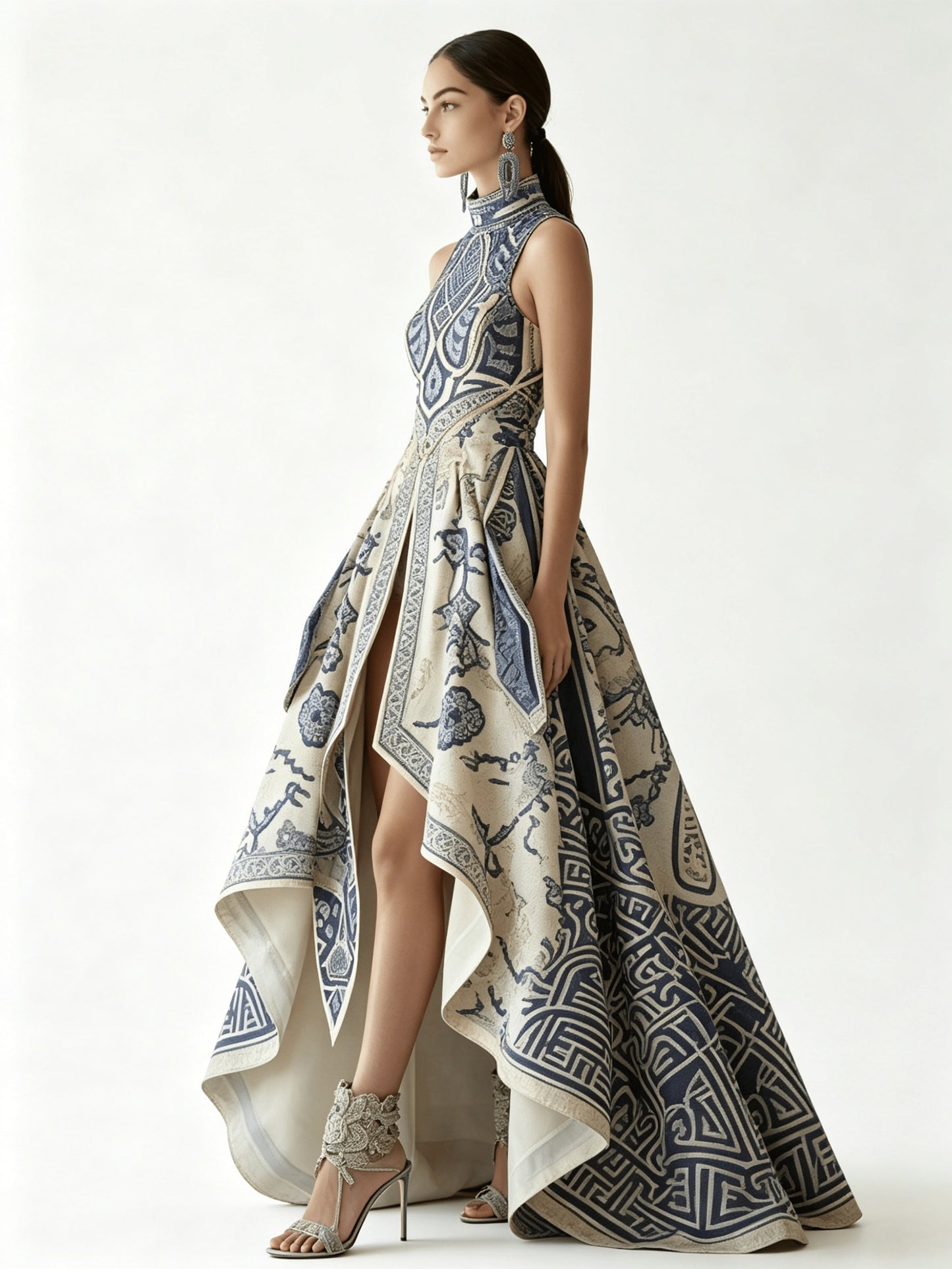 Asymmetrical Blue Porcelain Print High Neck Sleeveless Evening Gown, High-Low Hem Front Slit Formal Dress, Gala Wedding Guest Prom Outfit