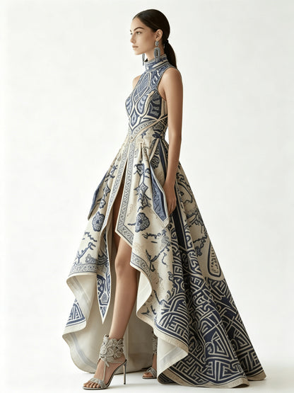 Asymmetrical Blue Porcelain Print High Neck Sleeveless Evening Gown, High-Low Hem Front Slit Formal Dress, Gala Wedding Guest Prom Outfit