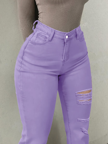 Women's Vibrant Orange Distressed Flare Jeans - Cotton Stretch Denim, Vintage High-Waisted Bootcut Pants with Knee-Hole Design, Comfortable and Stylish Casual Wear