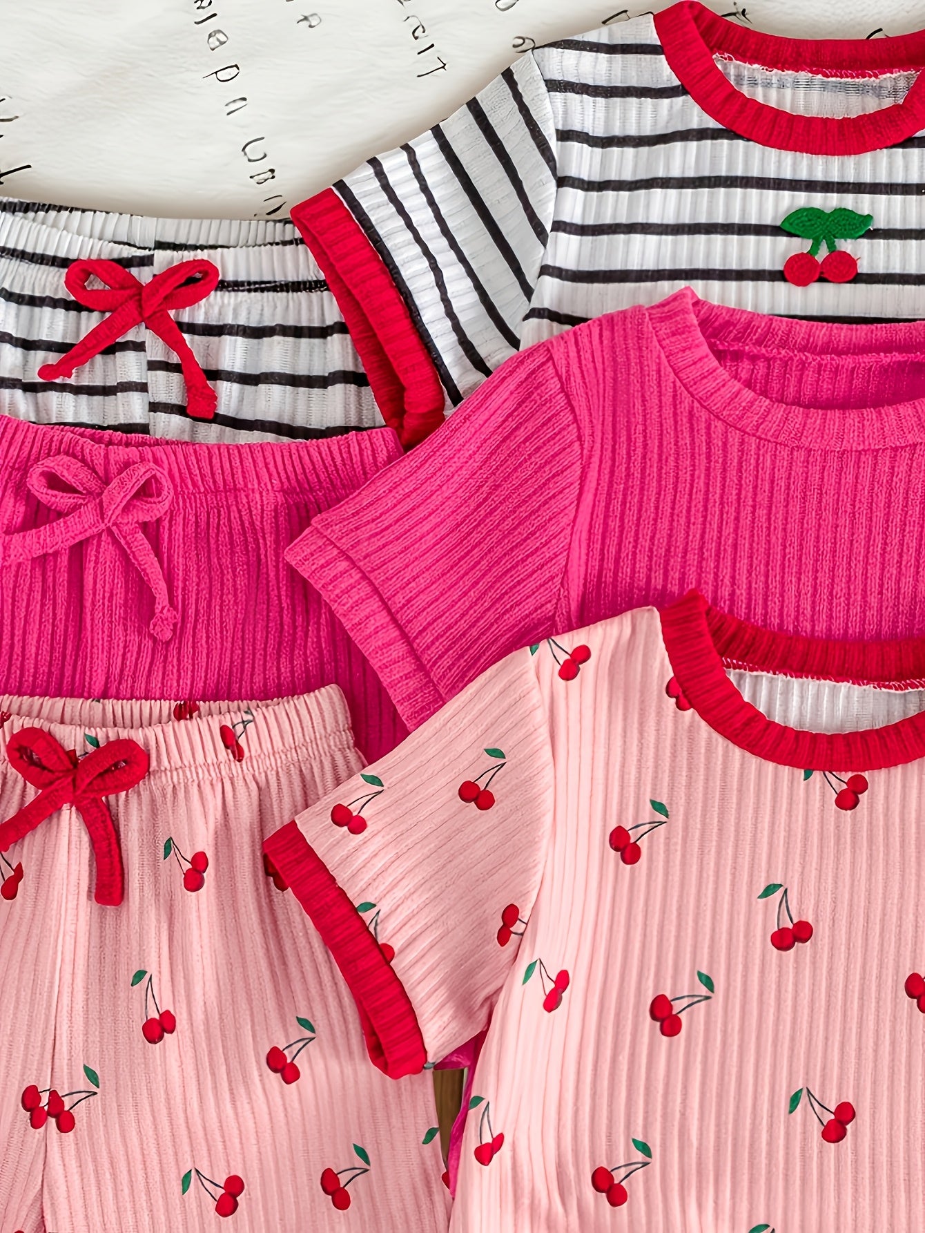6pcs Set Of Girls' Summer New Cherry Fruit Pattern Short-sleeve And Shorts Comfortable Outfit, Perfect for Outdoor