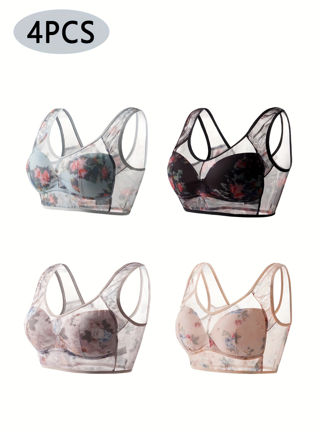 (4pcs Mixed Color Pack) Lace Mesh Bra, Comfortable And Breathable Full Coverage Bra, Women'S Underwear And Lingerie