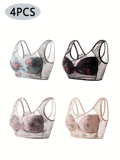 (4pcs Mixed Color Pack) Lace Mesh Bra, Comfortable And Breathable Full Coverage Bra, Women'S Underwear And Lingerie