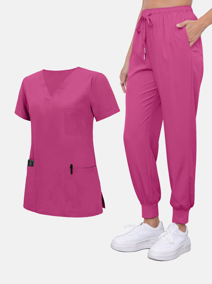 2pcs Set Of Women's V-neck Matte Breathable S Uniform Pocket Hand Washing Work Clothes Brush Hand Clothes Tying Feet Pants Set