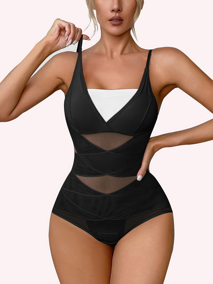 JUQDNX High-Waisted Body Shaping Bodysuit for Women - Sleek Black, Deep V Neck, Cross Support Back, Firm Tummy Control, Postpartum, Solid Color, Hand Washable, Removable Pads, Smoothing Silhouette, Confidence Boosting