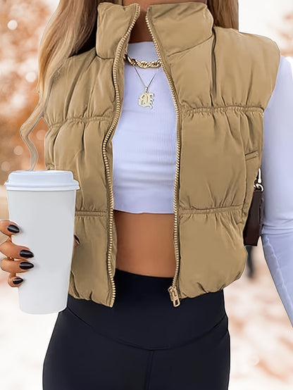 Womens Cropped Vest Zip Up Stand Collar Sleeveless Padded Cropped Vest