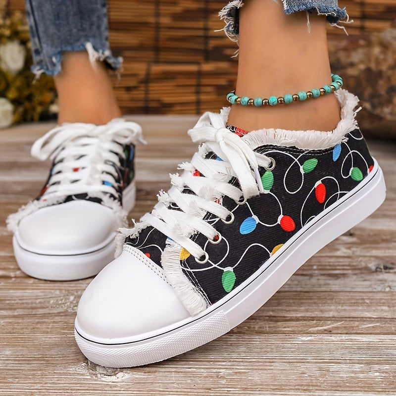 Women's Colorful Print Lace-up Low-top Flats, Lightweight Comfortable Casual Sneakers, Women Shoes