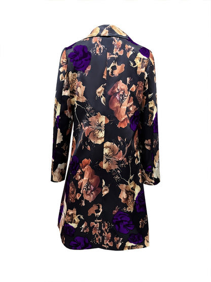 Plus Size - Plus Size - Long-Sleeved Single-Breasted Mid-Length Suit Jacket with Floral Pattern