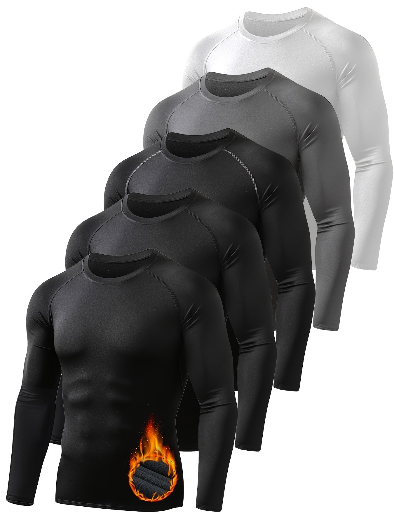5pcs Men'S Thermal Round-Neck Shirt Set Long-Sleeve Compression Shirt Fleece-Lined Base Layer Sports Top Fitness Set, 2026, Valentine'S Day, Gifts