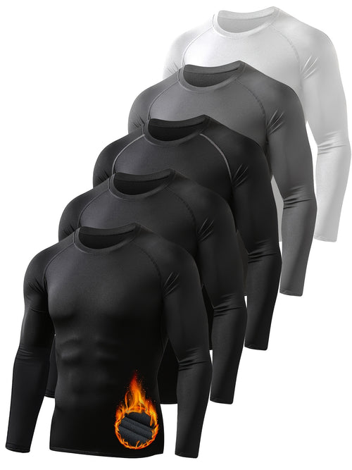 5pcs Men'S Thermal Round-Neck Shirt Set Long-Sleeve Compression Shirt Fleece-Lined Base Layer Sports Top Fitness Set, 2026, Valentine'S Day, Gifts