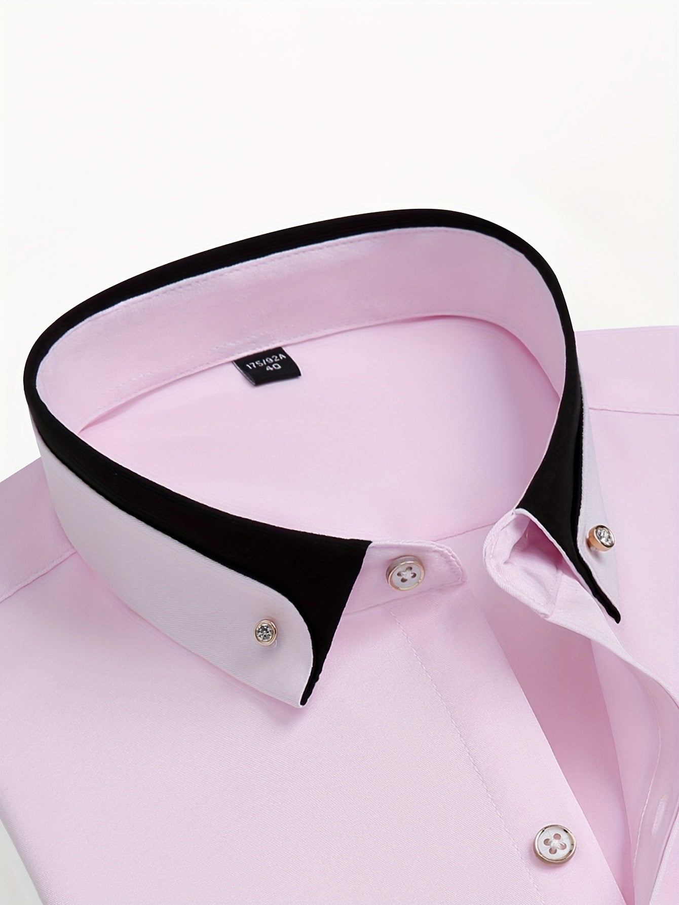 Color Block Fold-Up Collar Crystal Buckle Formal Shirt Men'S Long Sleeve Contrast Color Stretch Iron-Free Business Casual Top with Loan Fashion Cardigan Shirt