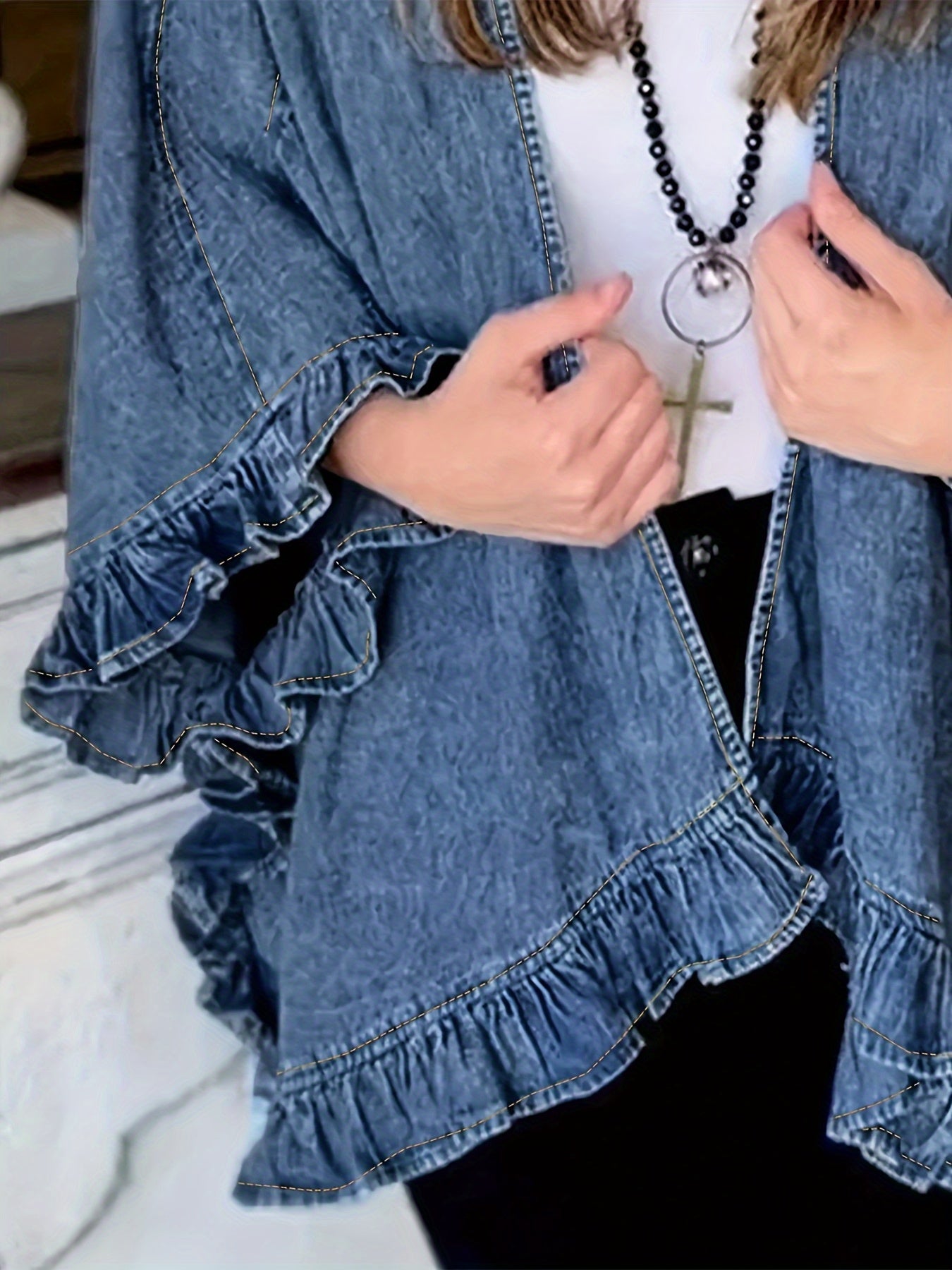 Women's Vintage Light Blue Jacket - Loose Fit Non-Stretch Denim-like Coat with Ruffle Shoulder & Flared Three-Quarter Sleeves, Viscose Fiber Blend Casual Chic Outerwear for Everyday Formal Outfits - Spring/Fall Essential, Denimlike Appearance