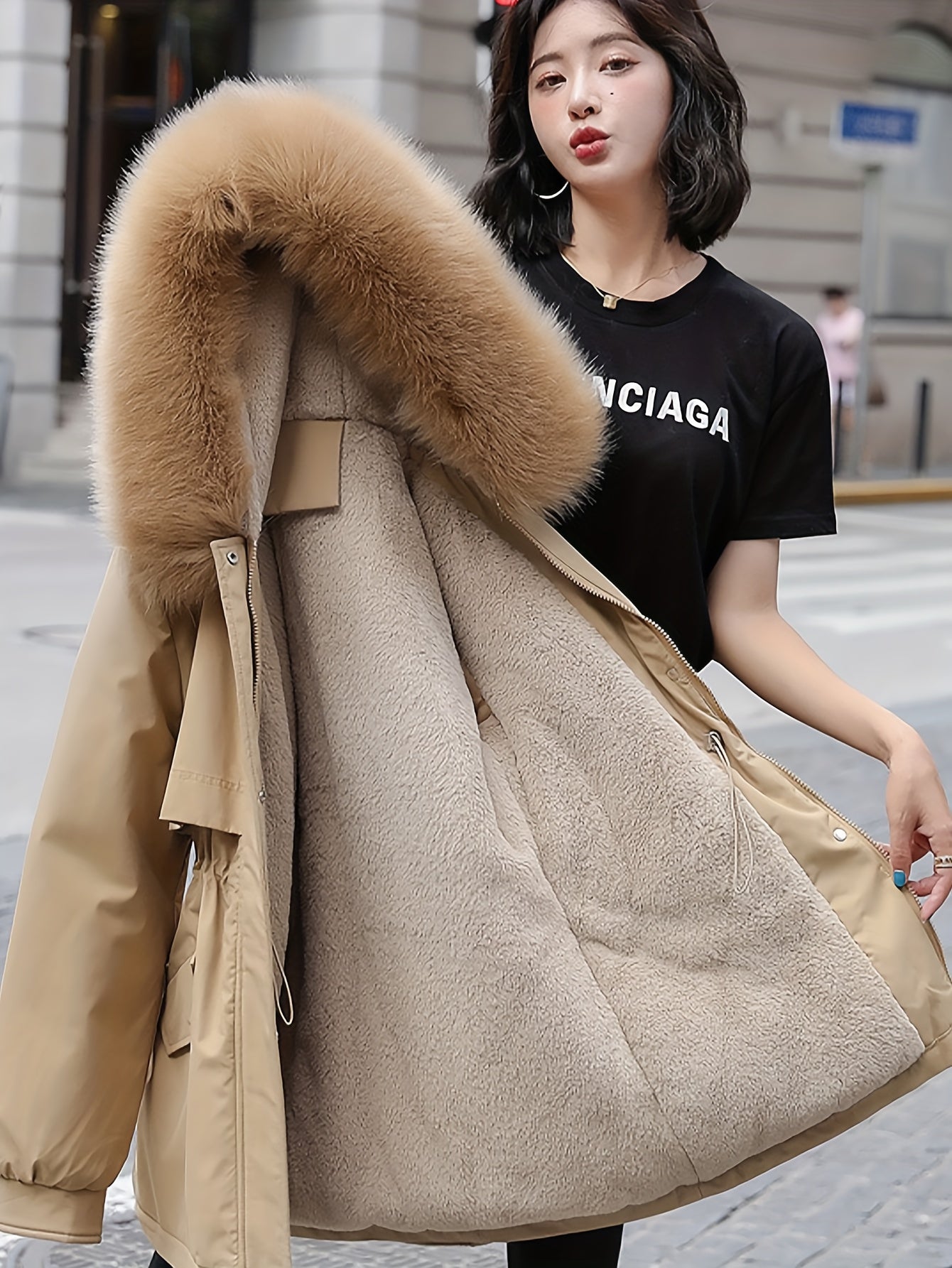 Women's Parka Coat 2025 Winter Thickened Padded Coat, Fashionable and Versatile with Detachable Collar, Waist Drawstring Design, and Lining