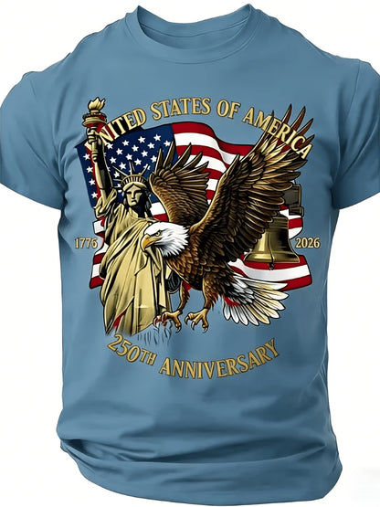 Large Round-Neck Short-Sleeved T-Shirt, Large Independence Day 250Th Anniversary T-Shirt, Featuring The National Flag, Eagle, And Statue of Liberty Prints, Loose-Fitting Top, Plus Size