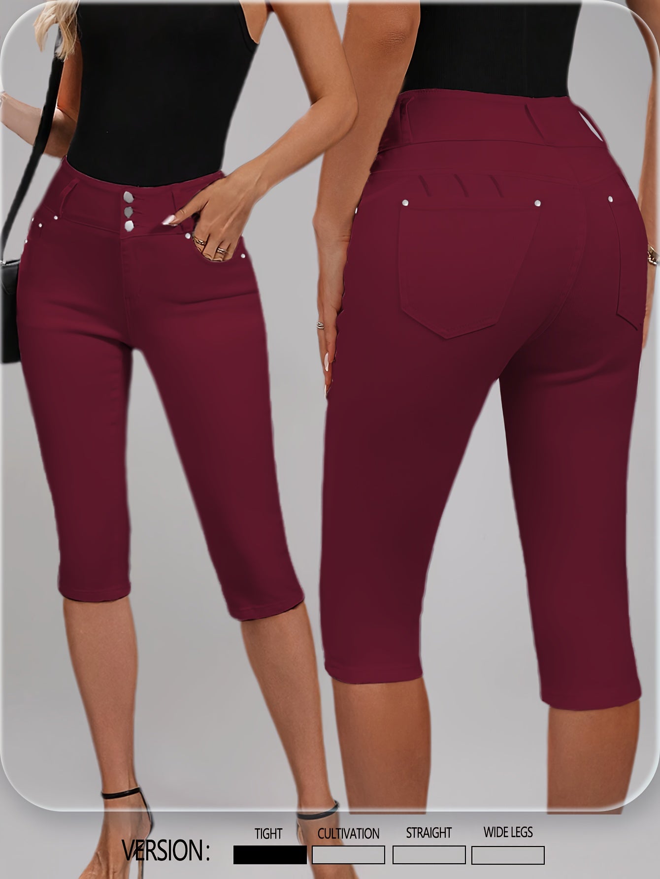 [High-Waisted Stretch Capri] Women's Deep Red High-Waisted Stretch Capri Pants Triple Row Button Fly with Metal Rivet Accents Booty Lifting Design 7/8 Length Cropped Jeans High Elasticity Soft Comfortable Machine Washable Versatile Wardrobe Essential for