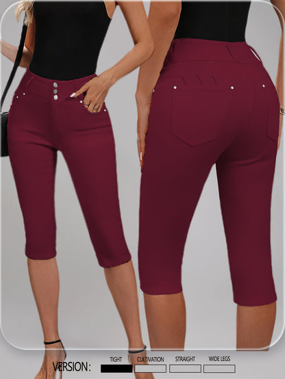 [High-Waisted Stretch Capri] Women's Deep Red High-Waisted Stretch Capri Pants Triple Row Button Fly with Metal Rivet Accents Booty Lifting Design 7/8 Length Cropped Jeans High Elasticity Soft Comfortable Machine Washable Versatile Wardrobe Essential for