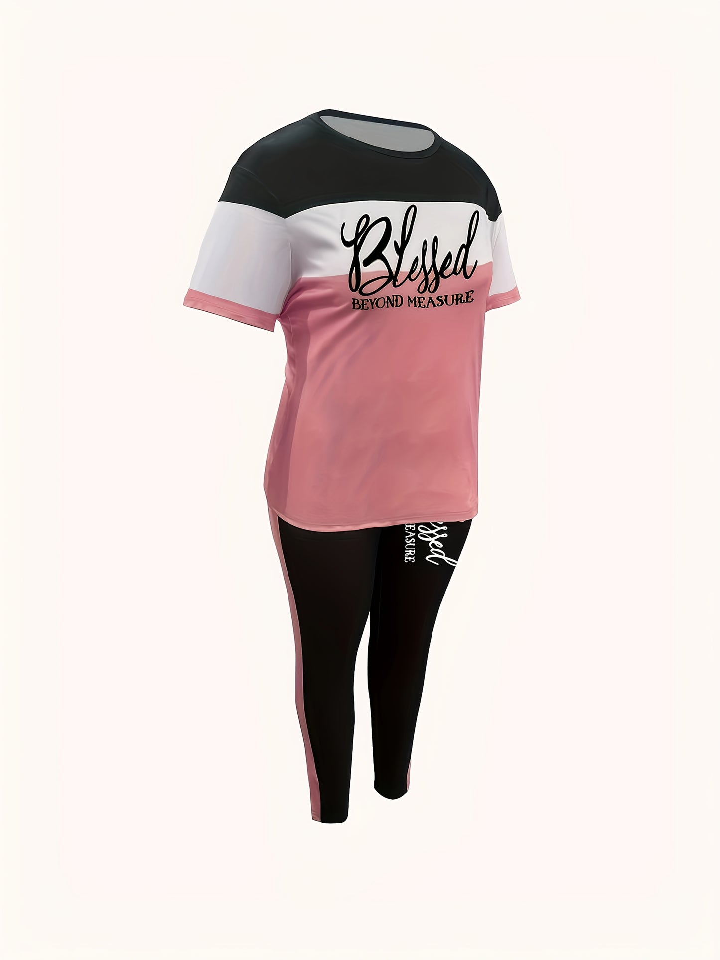 Women's Casual Two-Piece Outfit "BLESSED" Letter Print Color-Block T-Shirt And Pocket Pants Set