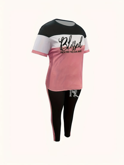 Women's Casual Two-Piece Outfit "BLESSED" Letter Print Color-Block T-Shirt And Pocket Pants Set