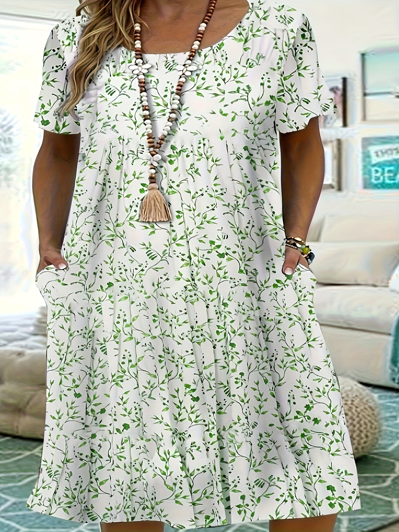 Plus Size, Women's Short Sleeve Round Neck Printed Dress