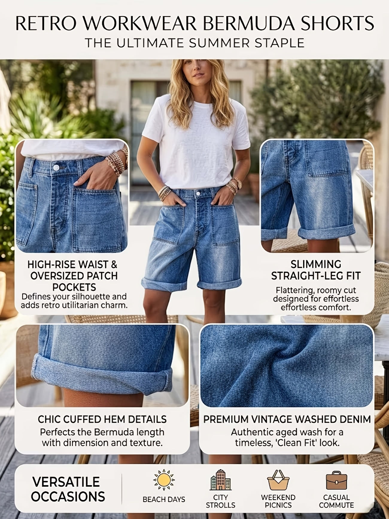 Women's Blue Bermuda Elastic Cargo Jeans Shorts | High Waist, Multiple Pockets, Straight Leg, Medium Stretch Fabric for Spring/Summer