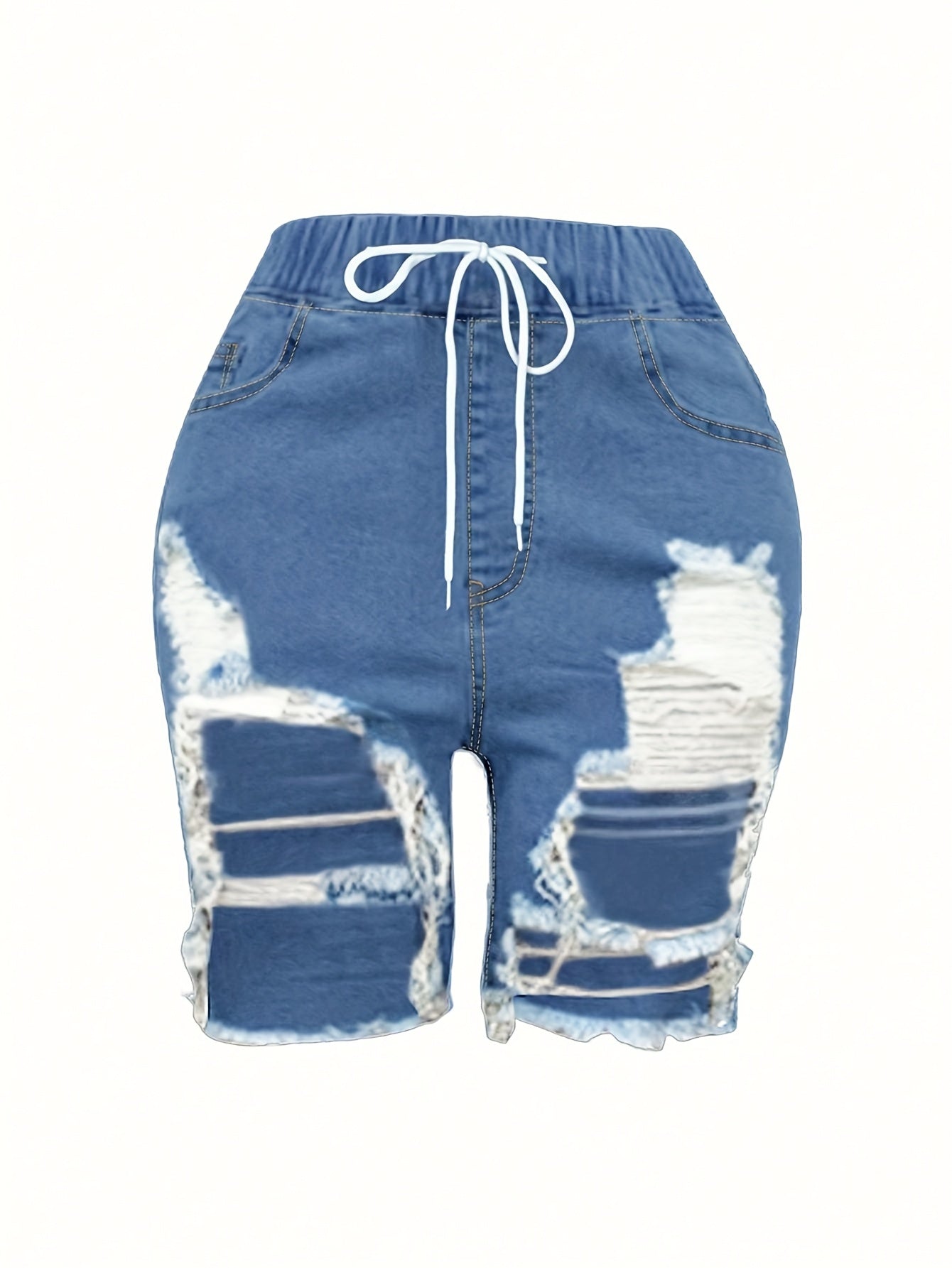 Ladies' Fashionable Ripped Denim Shorts, Mid Waist Straight Leg Pants, Waist Drawstring Design, Frayed Edges with Pockets, Summer Casual Wear