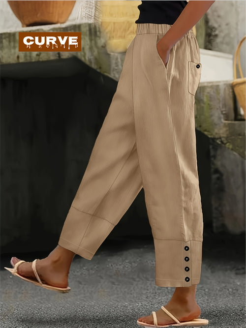 Plus Size - Spring, Summer And Autumn Large-sized Casual Trousers, Solid Color, Button Design, Elastic Waist, Pockets, Large-sized Women'S Harem Trousers For Casual Daily