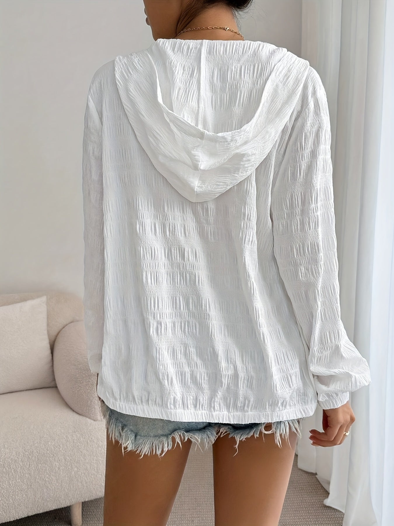 Women'S Lightweight White Hooded Jacket | Casual Pleated Design, Zip-Up Closure, Long Sleeves, Machine Washable - Versatile Outerwear for Fall, Spring, and Summer, Fashion and Leisure