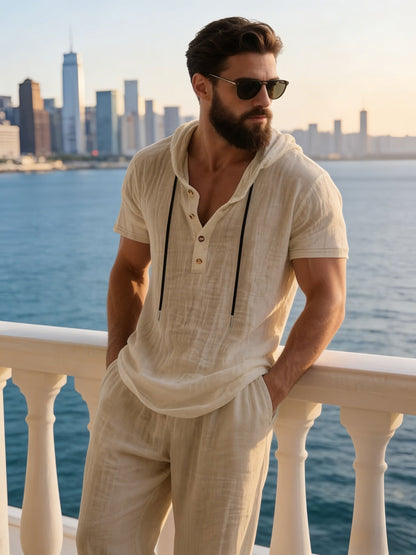 Men'S Casual Linen Hooded 2pcs Set, Short Sleeve Drawstring Henley Shirt And Wide Leg Pants, Breathable Non-Stretch Fabric, Loose Fit for Vacation, Home And Outdoor, Multi-Color Options