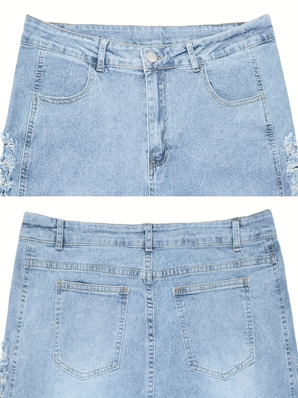 Women's High-Waist Jeans - Bright Steel Blue Distressed Stretch Streetwear