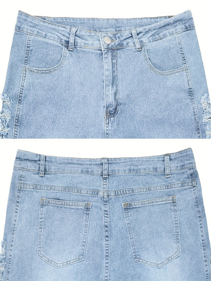 Women's High-Waist Jeans - Bright Steel Blue Distressed Stretch Streetwear