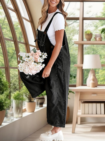 Women's Casual Denim Overalls Loose Adjustable Strap Distressed Bib Jeans Overall Jumpsuits with Pocket