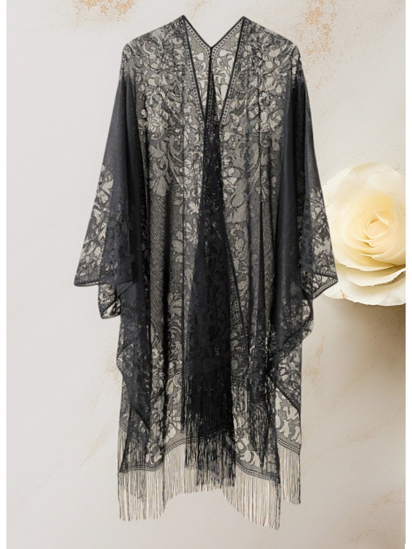 Woman's Plus Size Boho Cover Up, Lace Kimono, Women's Plus Floral Lace Batwing Sleeve Cover-Up, Open Front Tassel Trim Kimono, Lightweight Beach Cover Up