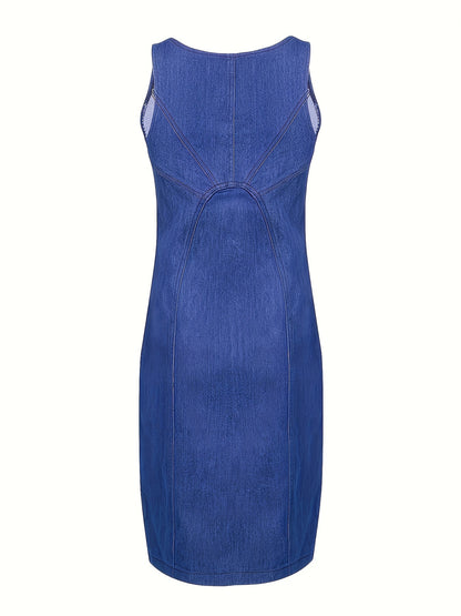 Women's Summer Sleeveless Casual Vest Denim Dress - Hip-Hugging Tight Fit, Front Zipper & Side Slit, Mini Length, Machine Washable, Solid Color Versatile Style, Durable Fashion
