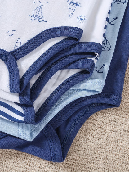5pcs Set of Baby Boys' Short Sleeved Cartoon Triangle Jumpsuit, Ha Yi, Baby Boys' Ocean Boat Anchor Casual Crawling Suit, for Outdoor