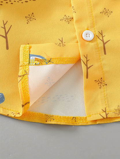 Summer Attire for Young Boys: A Two-Piece Beach Featuring a Button-Up Shirt with Cartoon Car Design And Plain Shorts, for Outdoor
