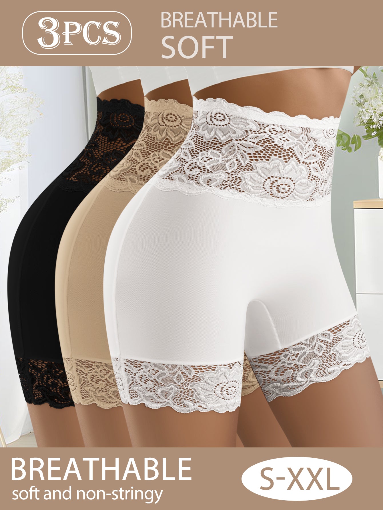 3-Pack High-Waist Shaping Briefs | Comfortable Tummy Control, Seamless Design, Enhance Your Shape with All-Day Comfort | QUASTI, Contrast Lace, Floral Pattern